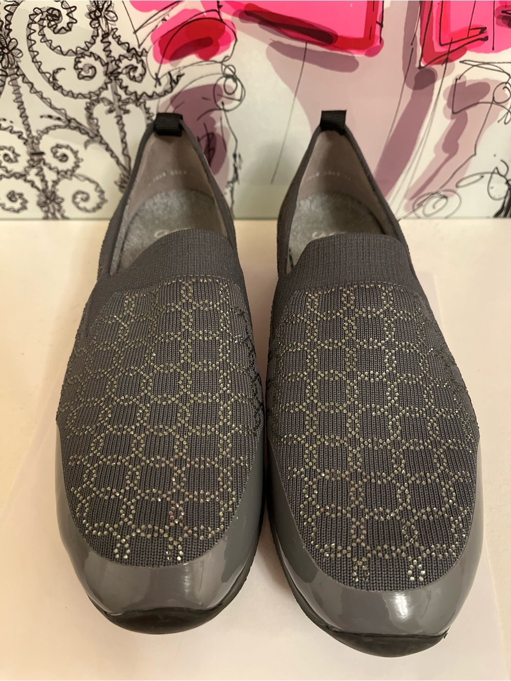 Ara “High Soft” Grey Knit Slip-On Loafers with Subtle Rhinestone Stitching